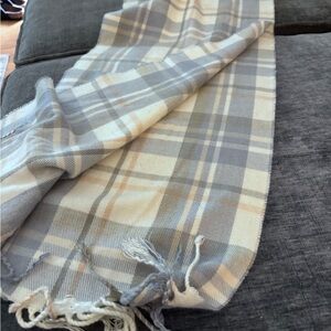 Plaid Fringe Scarf in Gray and Cream